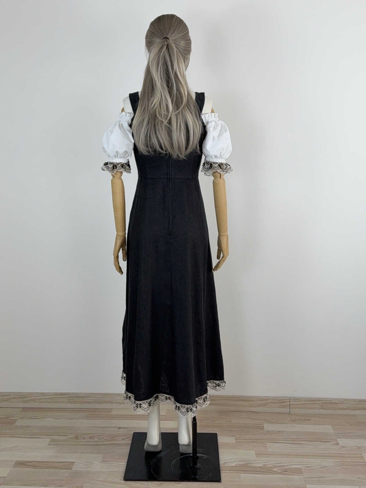 Fuchs Trachtenmoden Octoberfest Folk Linen Dirndl Dress Black Beige Lace 34/XS