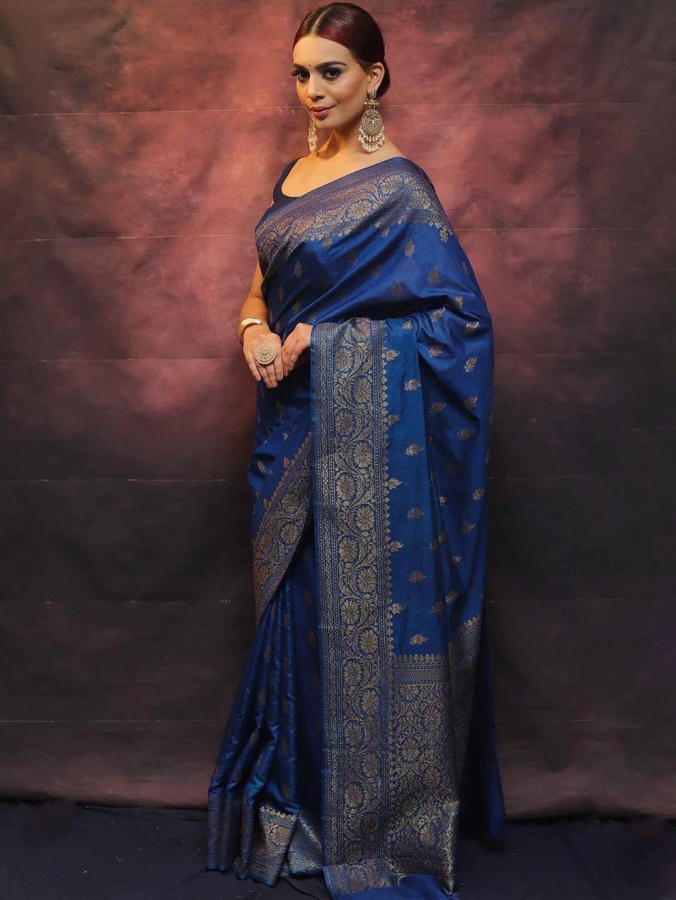 Women Designer Soft Lichi Silk Blue Saree With Blouse Bridal Function Party Wear