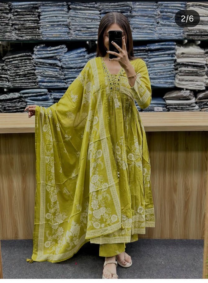 Women Olive Green Cotton Anarkali Kurta Pant Set Floral Printed Ethnic Dress