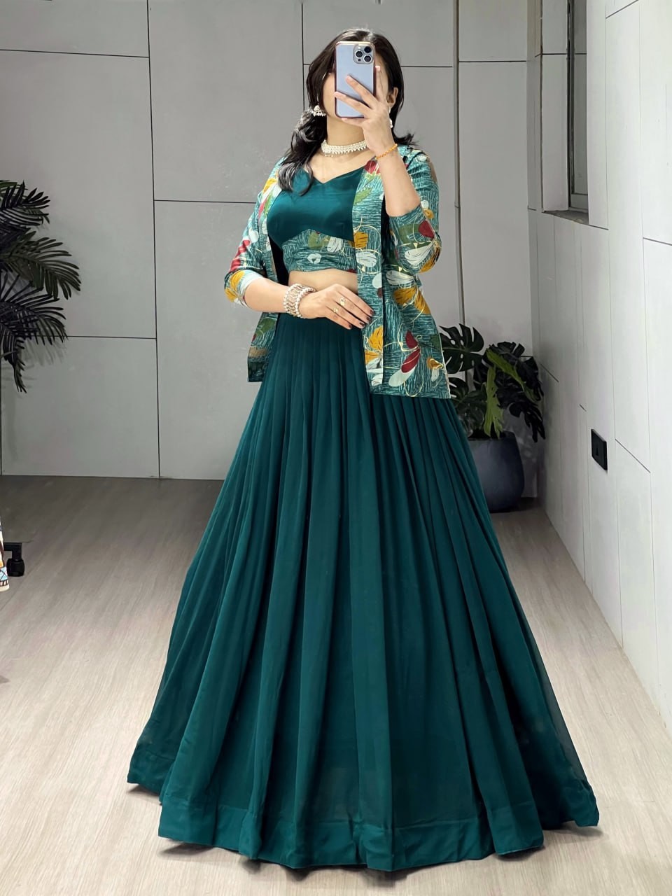 Premium Georgette Lehenga Choli With Chanderi Koti Jacket Party Wear