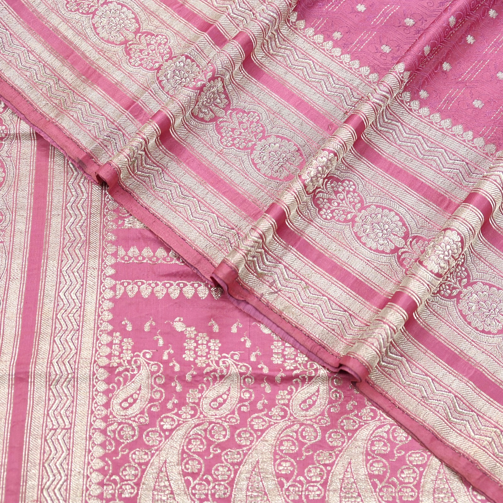 Indian Vintage Sari Heavy Pink Pure Satin Silk Woven Brocade Banarasi Sari 5yd