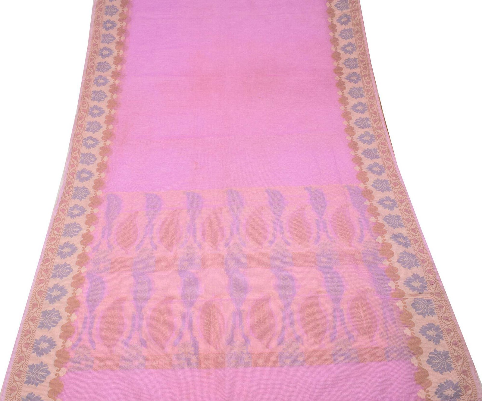 Sushila Vintage Art Silk Pink Saree Floral Woven Sari Checks Base Craft Fabric