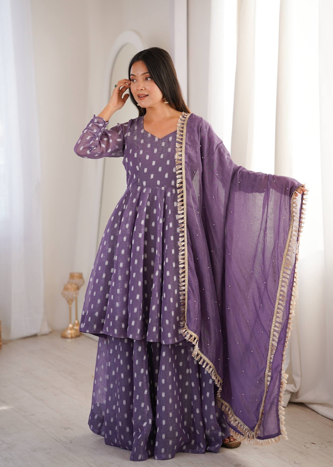 Latest Heavy Crunchy Silk Purple Top Palazzo With Dupatta For Ethnic Wear