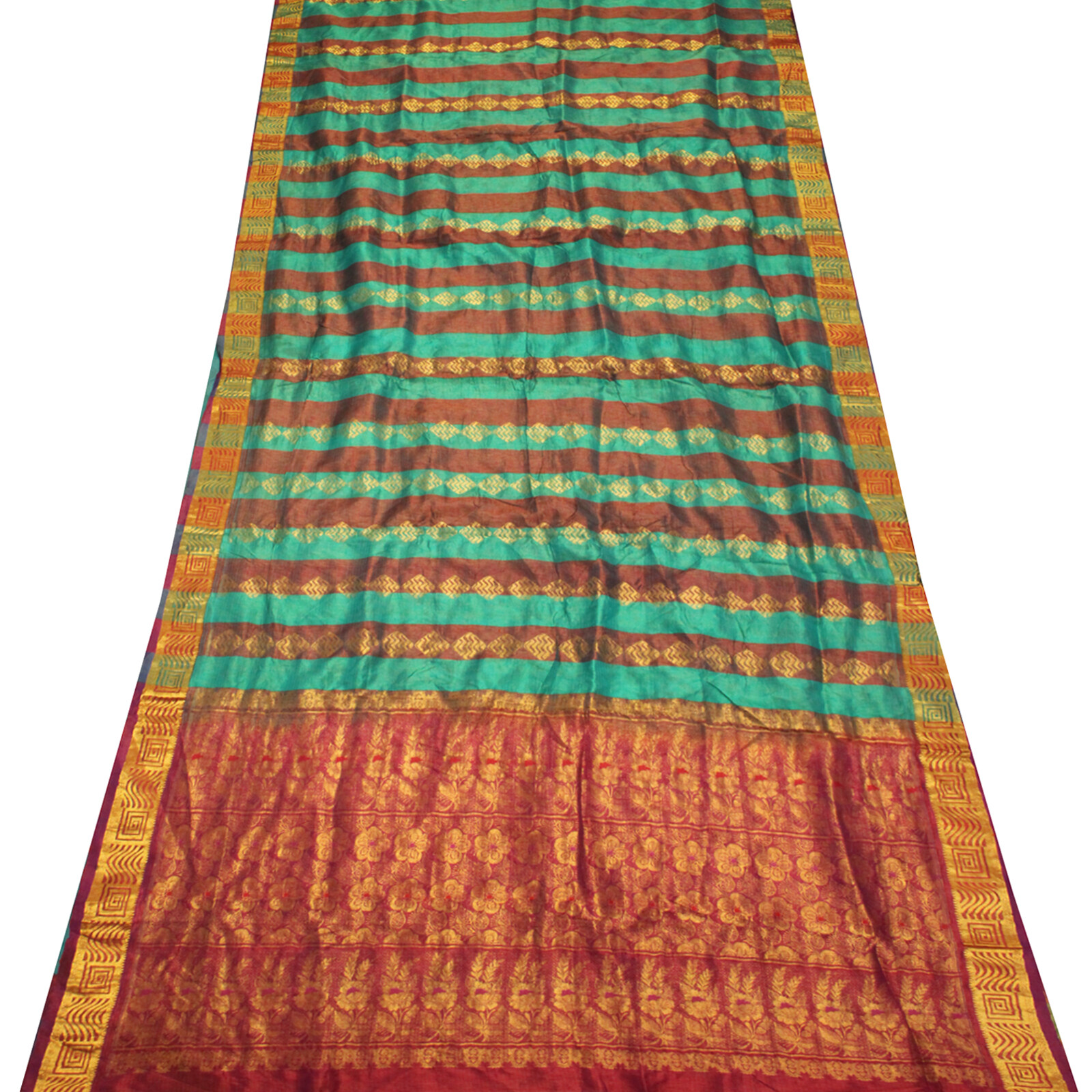 Vintage Teal Green 100% Pure Tissue Silk Sarees Zari Handloom Sari Craft Fabric