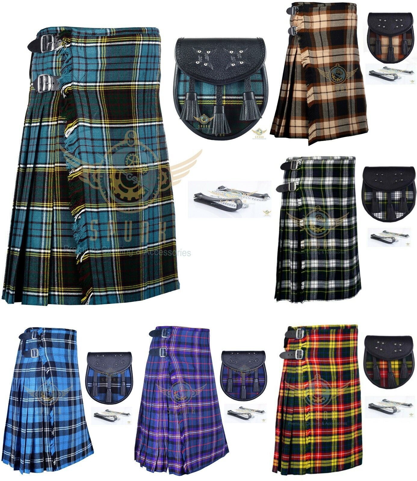 Scottish Handmade Men’s 8 Yard TARTAN KILTS Traditional 8 yard Kilt With Sporran