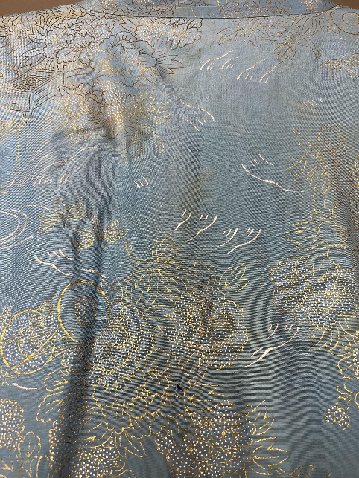Kimono Robe Womens One Size Blue Gold Floral Print Satin Open Front Long Sleeve