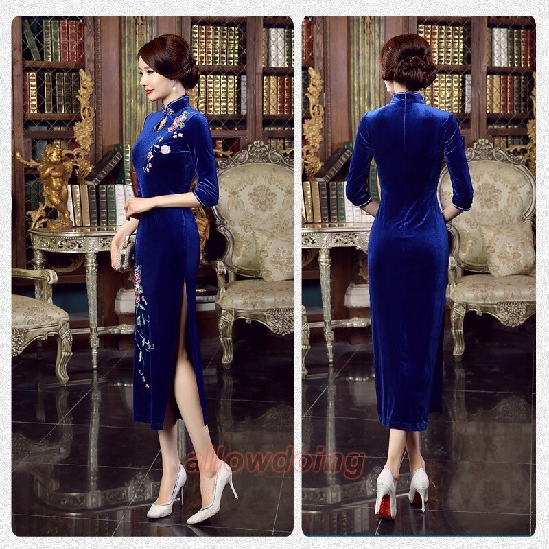 Chinese Traditional Velvet Qipao Dress Women Evening Gowns Embroidery Cheongsam