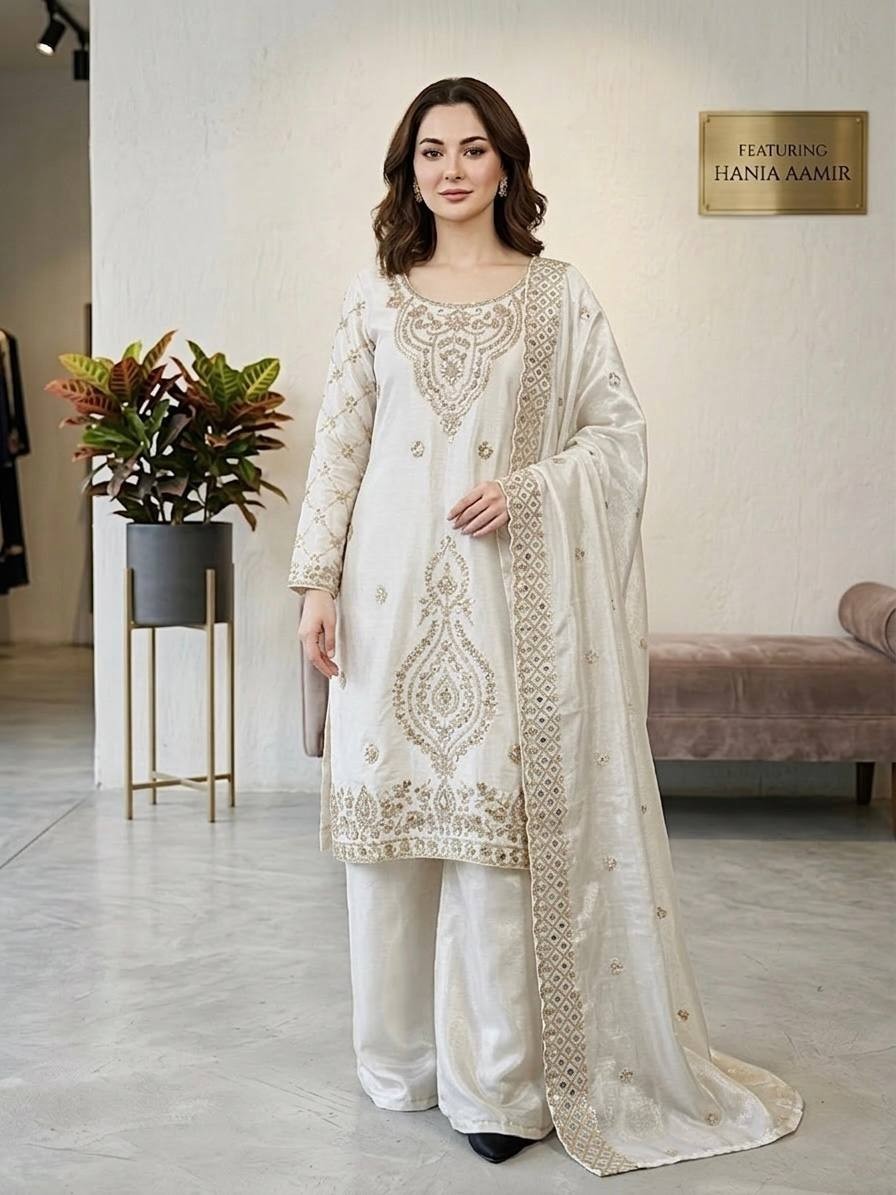 Indian Style Heavy Silk Kurta Palazzo With Soft Net Dupatta For Wedding Wear