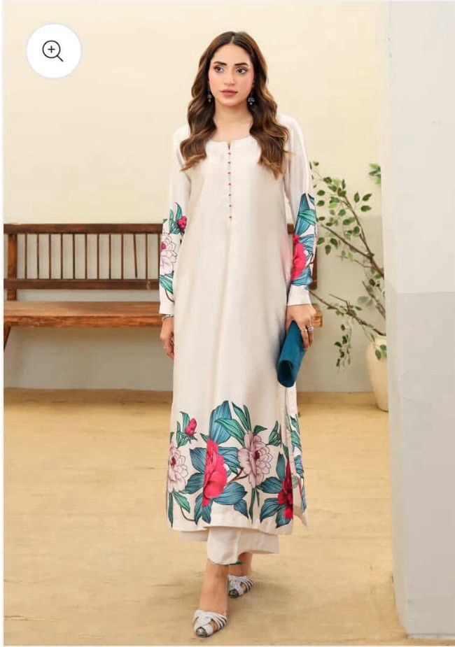 White Floral Salwar Kameez Set with Pink Green Blue Accents for Women