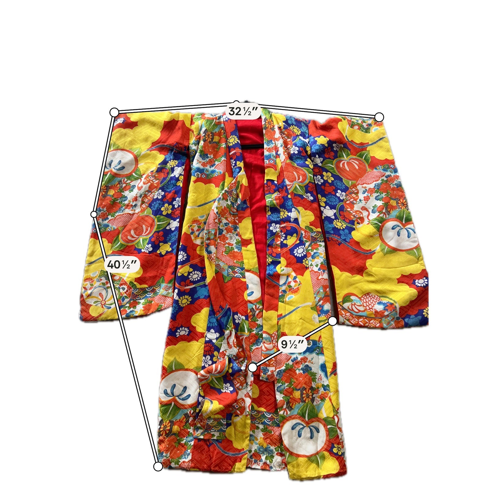 Vintage 70s Handmade Kimono Robe Japanese Childrens Multicolor Floral Fruit