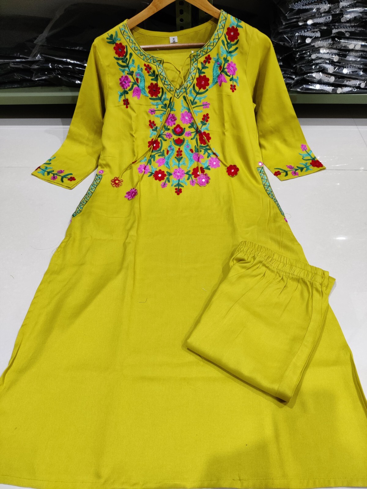 Classy Haldi Yellow Kurta Pant Sets Designer Heavy Aari Work 2 Piece Combo Suits