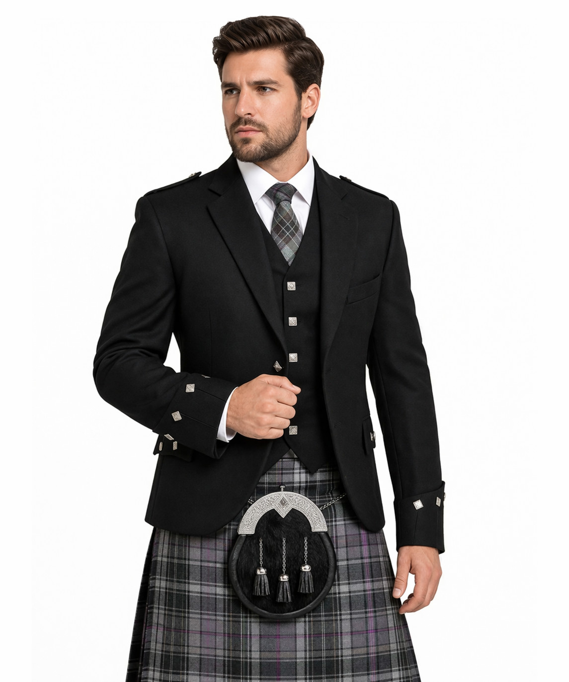 BLACK Men’s Argyle Kilt Jacket And 5 Button Vest Scottish Wedding Kilts Jacket