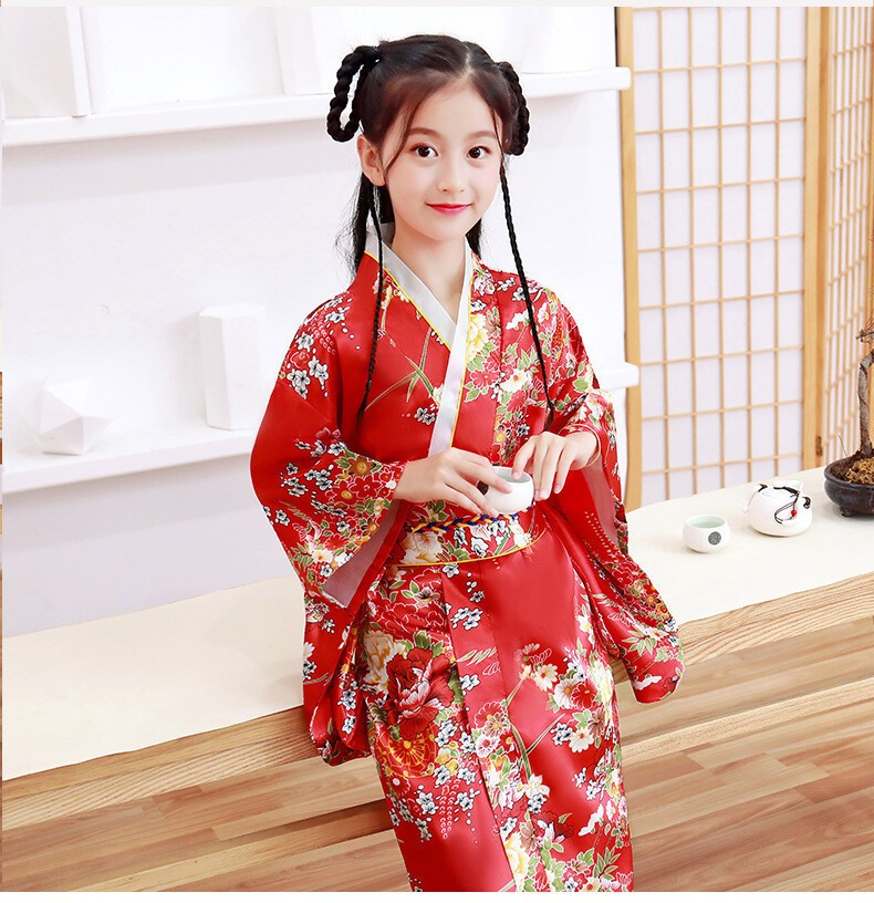 Japanese Traditional Costume Peony Kimono Dress Kids Obi Bathing Robe Yukata 01