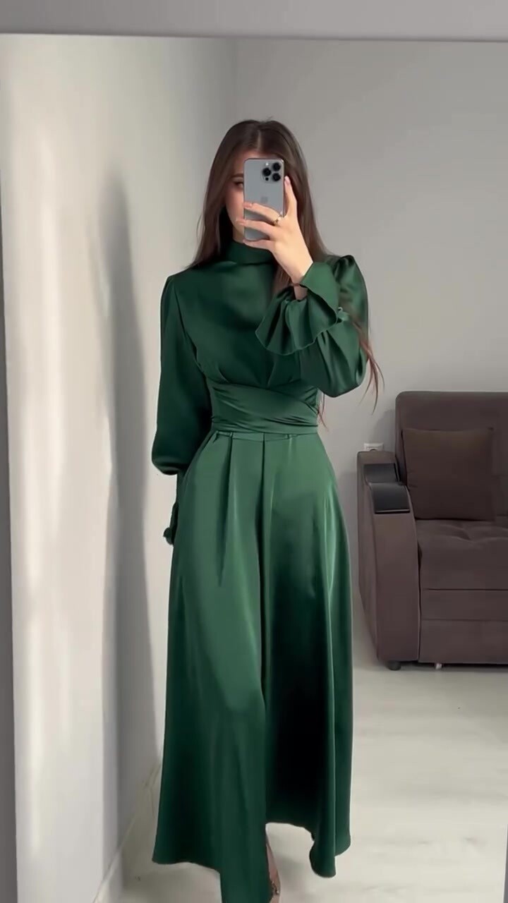 Women Long Dress Lantern Sleeves High Neck Party Plain Color Gown Lace Up Dress