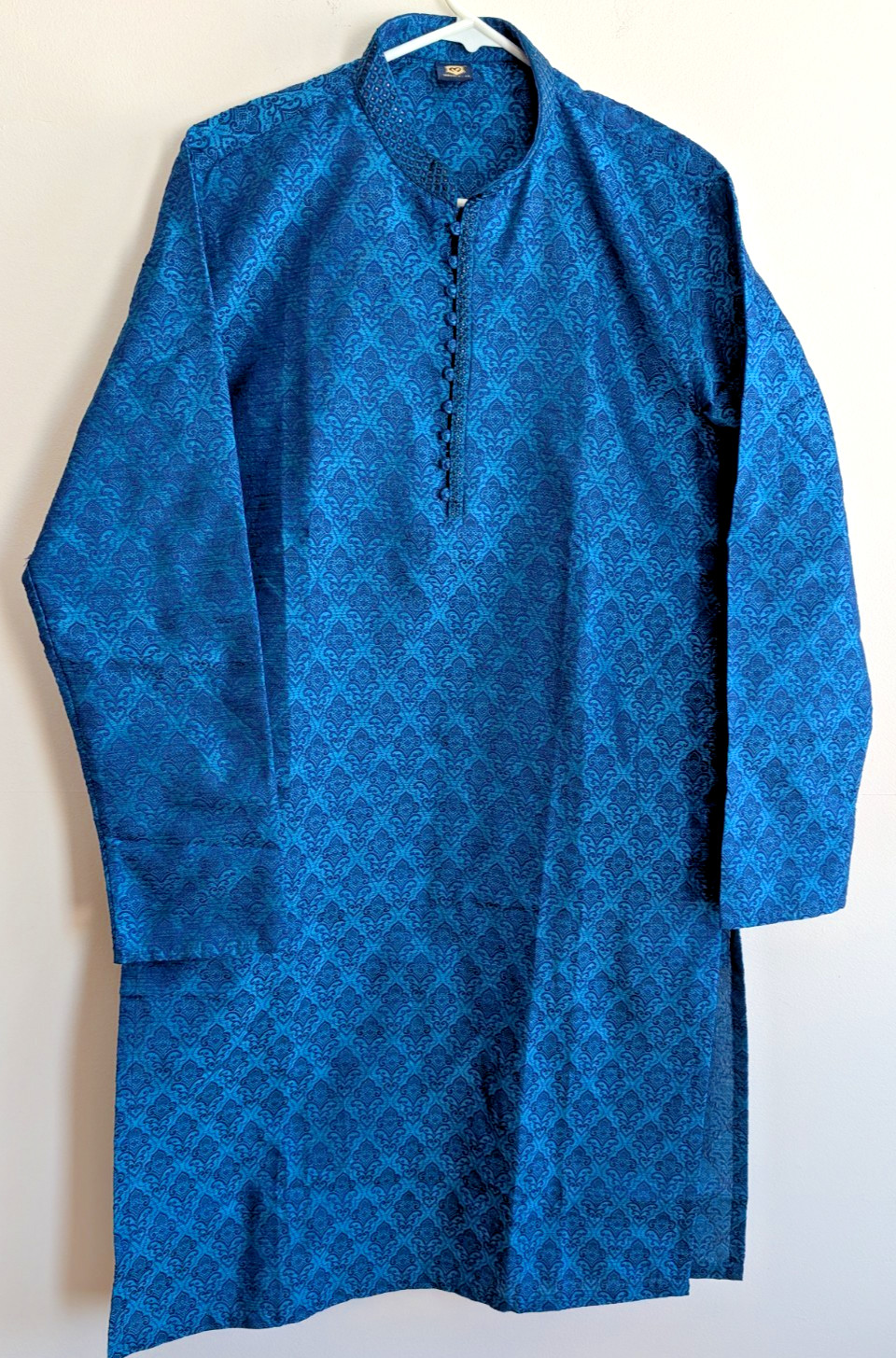 Kurta Pajama Set Manyavar Silk Blue Brocade Mandarin Neck Wedding Party Wear 40
