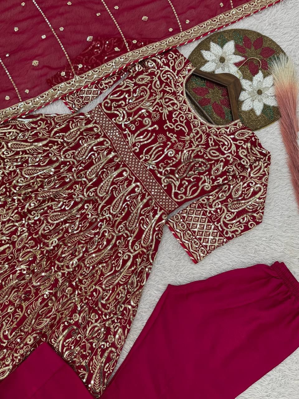 Maroon Anarkali Gown Pakistani Dress Salwar Kameez Ready To Wear Wedding Party L