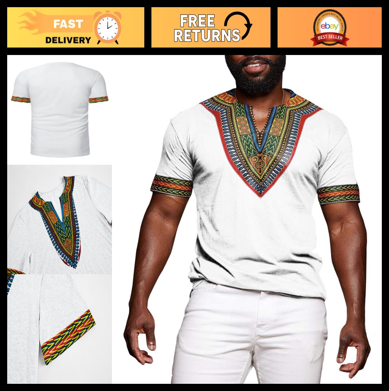 Men’s African Dashiki T-Shirt, Tribal Floral Print, V-Neck Slim Fit Top, Casual