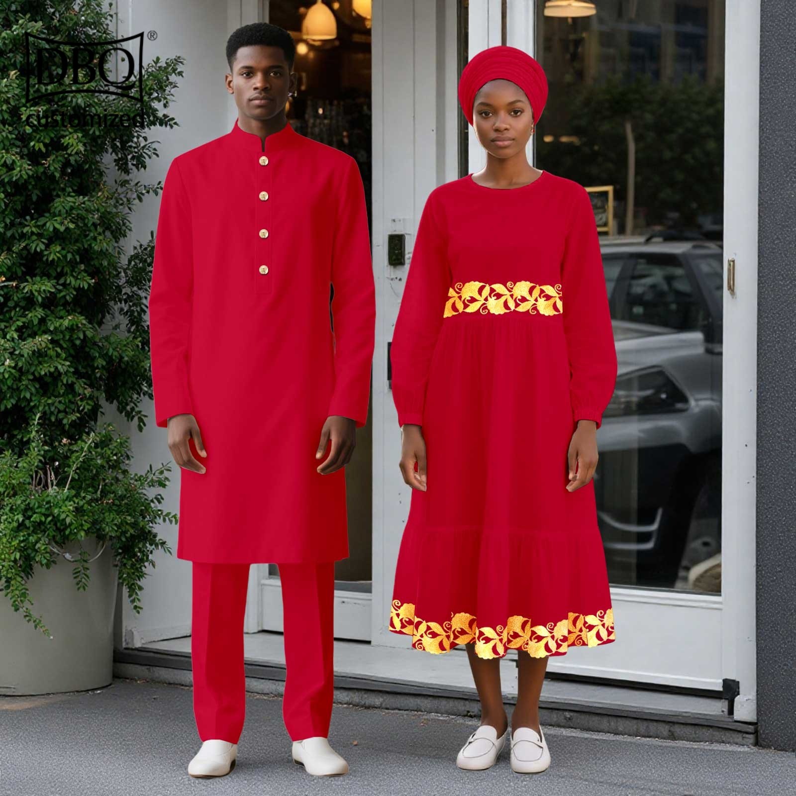 African Wedding Clothes Men Long Jacket Pants Set Women Midi Dress with Headwrap