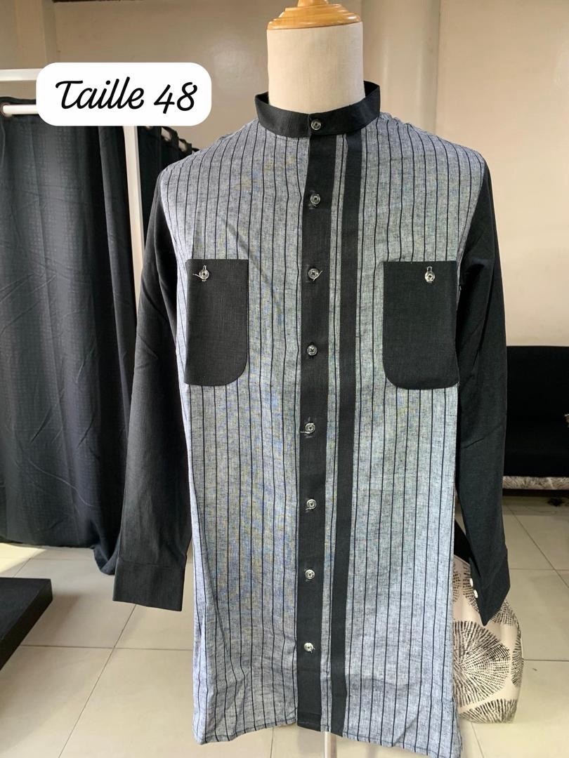 Men’s Cotton Kaftan Shirt, Sizes 44 & 48, Black, Gray, Blue, White