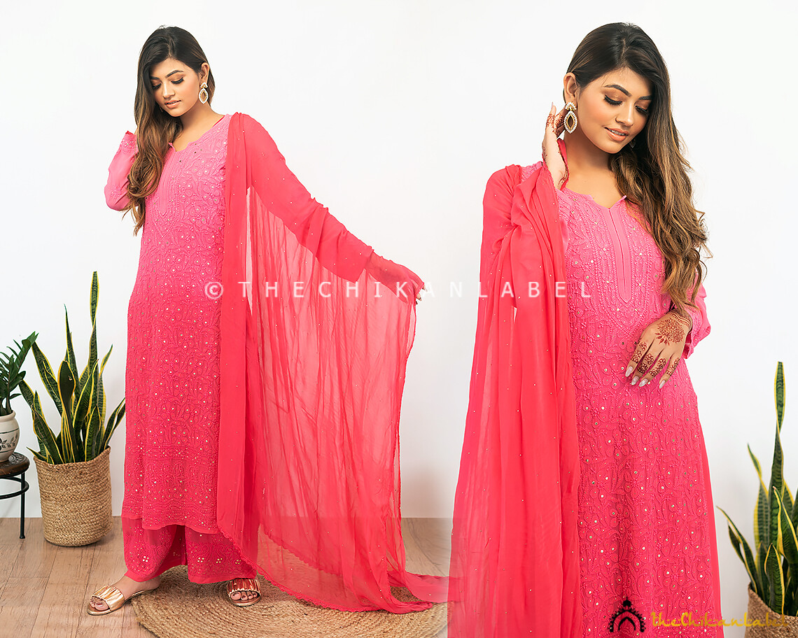 Candy Pink Sitara Viscose Hand Embroidry Chikankari Kurta Set Lucknow Chikankari