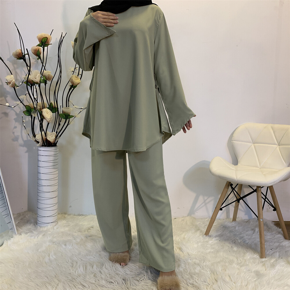 2 Piece Set Muslim Women Casual Long Sleeve Tops Blouse Wide Leg Pants Abaya