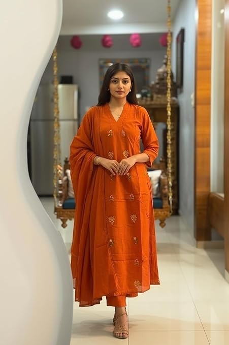 Women Orange Plus Size Rayon Indian Kurta Top & Trouser With Dupatta, Casual Top