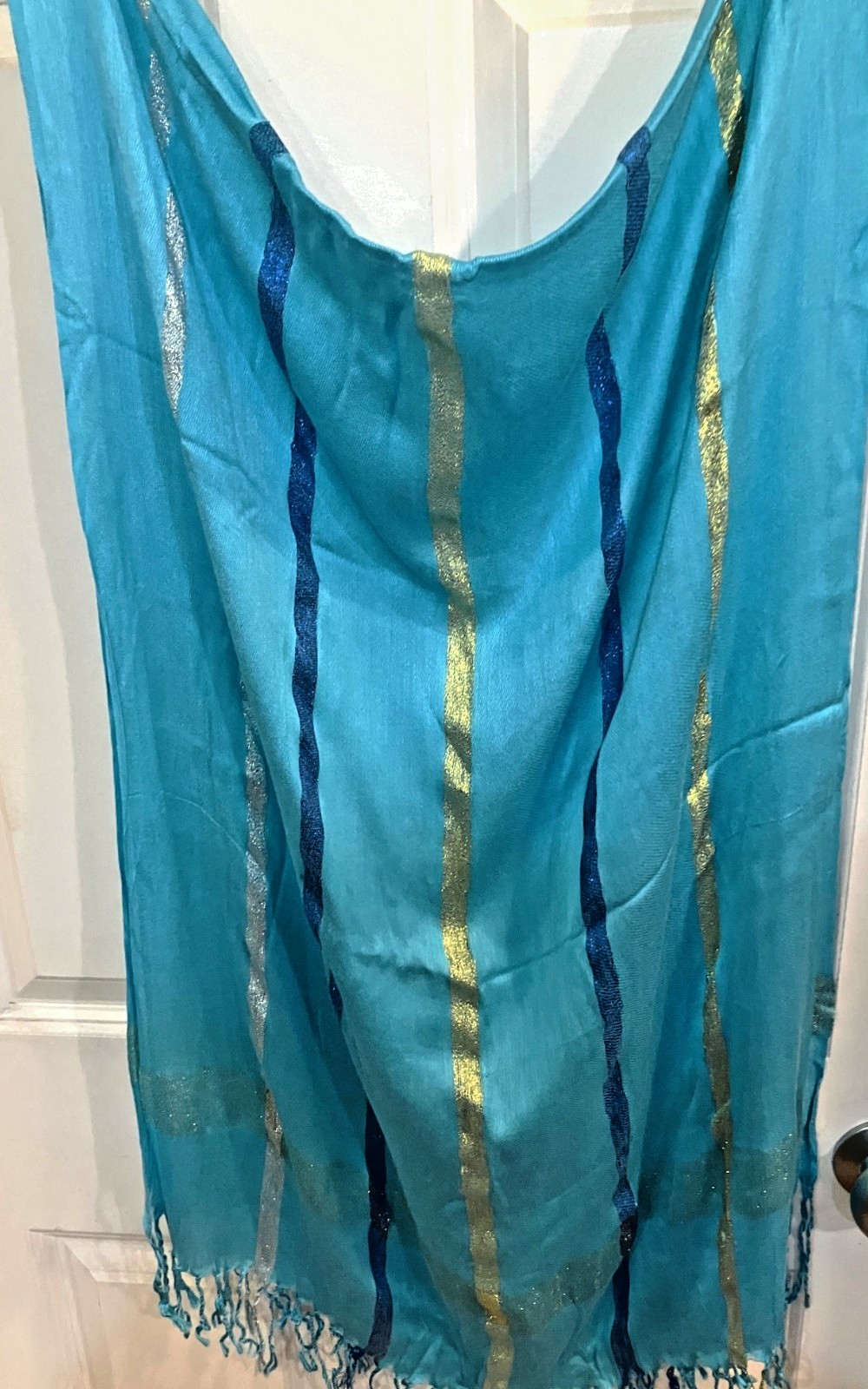 Hijab Viscose Scarf Shawl with Fringe & Metallic Strips Dubai Style Blue 24″x64