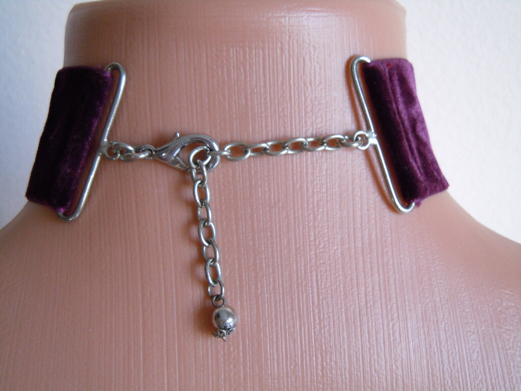 Chain Necklace Choker Velvet Ribbon Wine Red Applique Stone Uniform L29-14