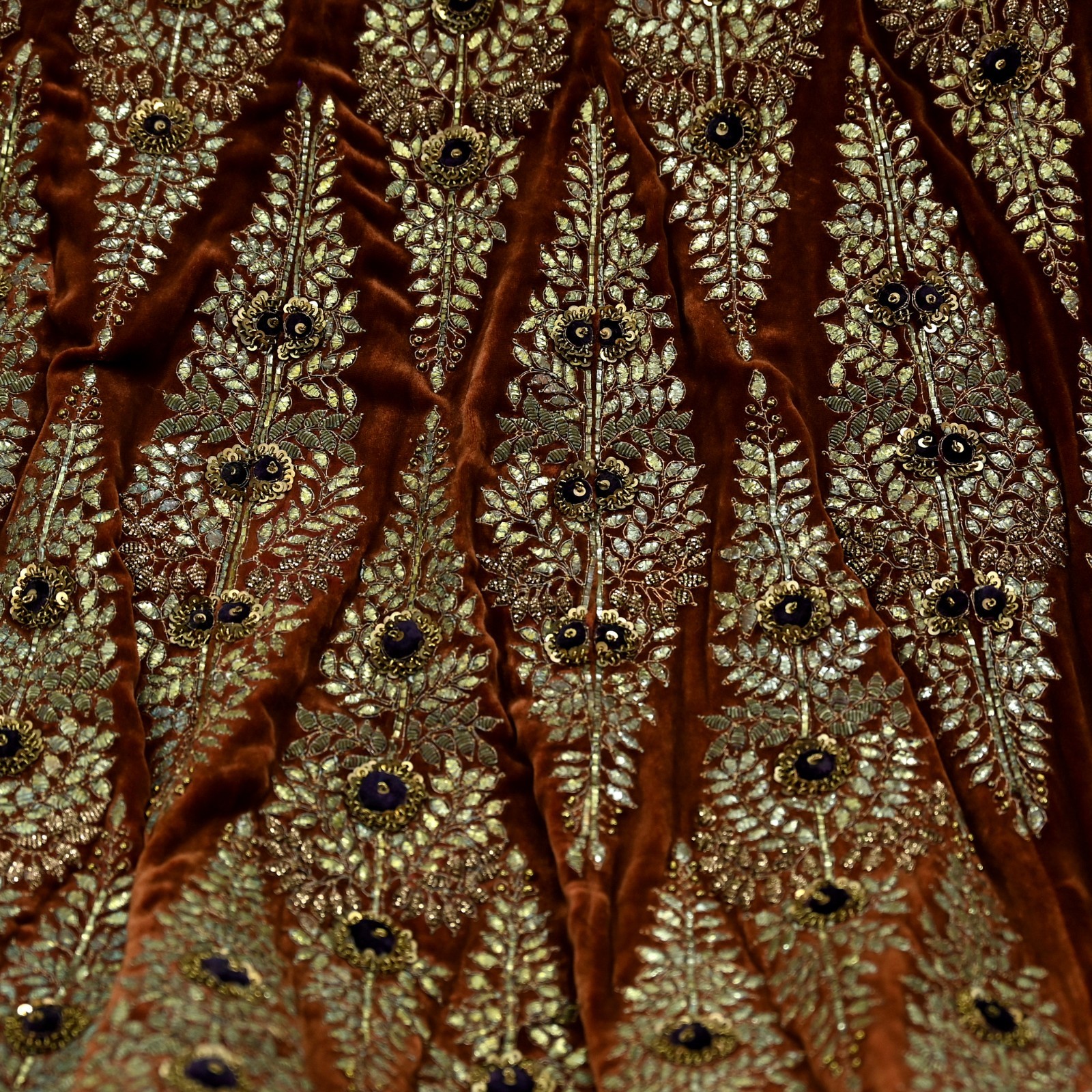 Indian Vintage Heavy Brown Velvet Hand Embroidered Brocade Designer Skirt