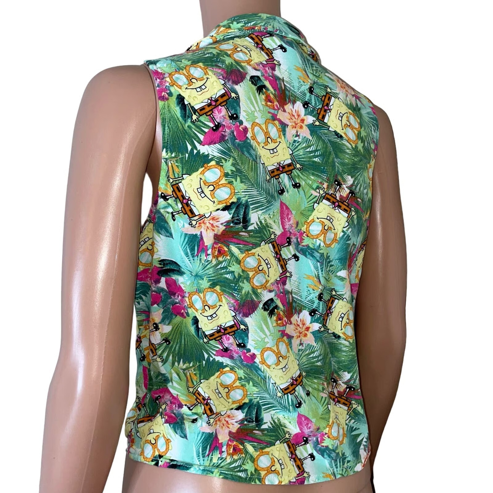 SPONGEBOB TROPICAL WOMENS TIE BUTTON DOWN SHIRT SZ M knot tie sleeveless green