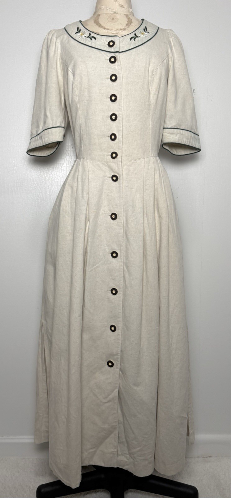 Vintage Wenger Austrian Linen Trachten Dress M 40 Edelweiss Embroidered Maxi