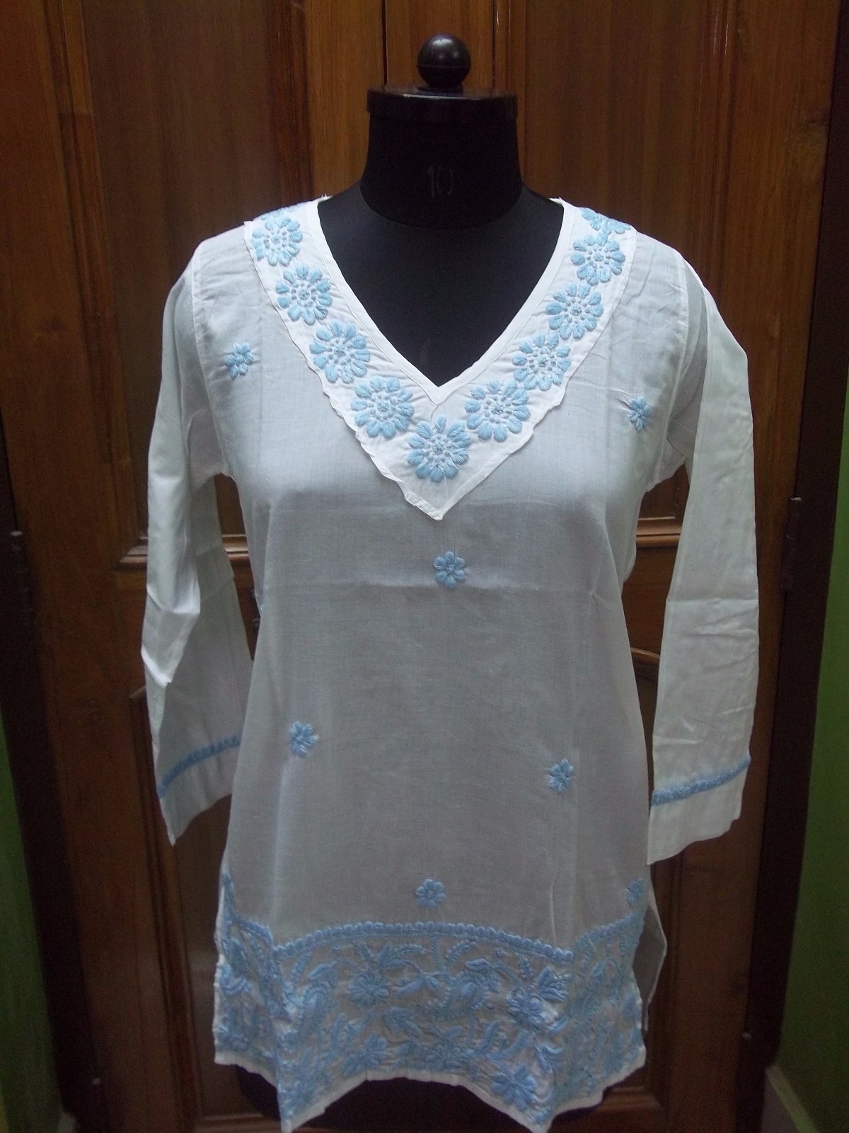 HANDMADE CHIKAN EMBROIDERY S 38″ ETHNIC BLOUSE 100% COTTON TOP KURTA KURTI TUNIC