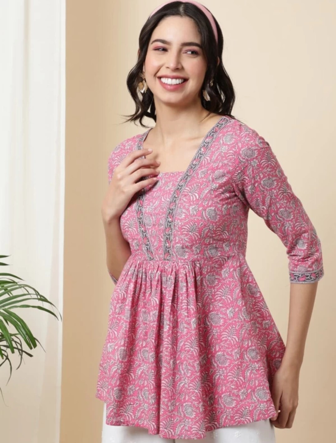Indian Tunic Kurti; Women Pink Pasley Printed A-line Flared Tunic Kurti