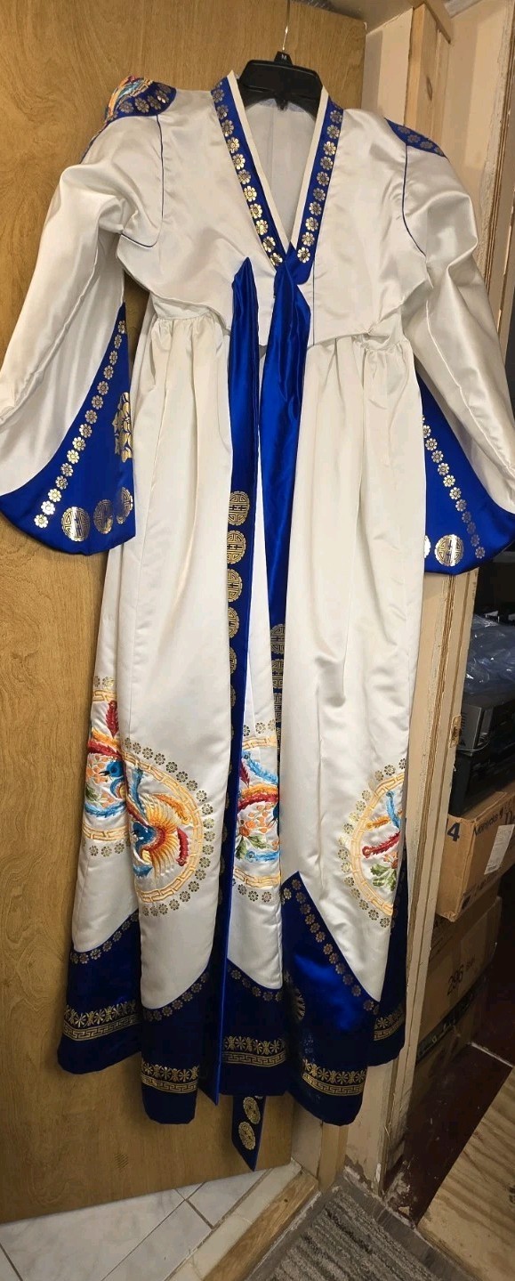Vtg Korean Traditional Hanbok Dress Set White Royal Blue Gold w/Booties & Hanky