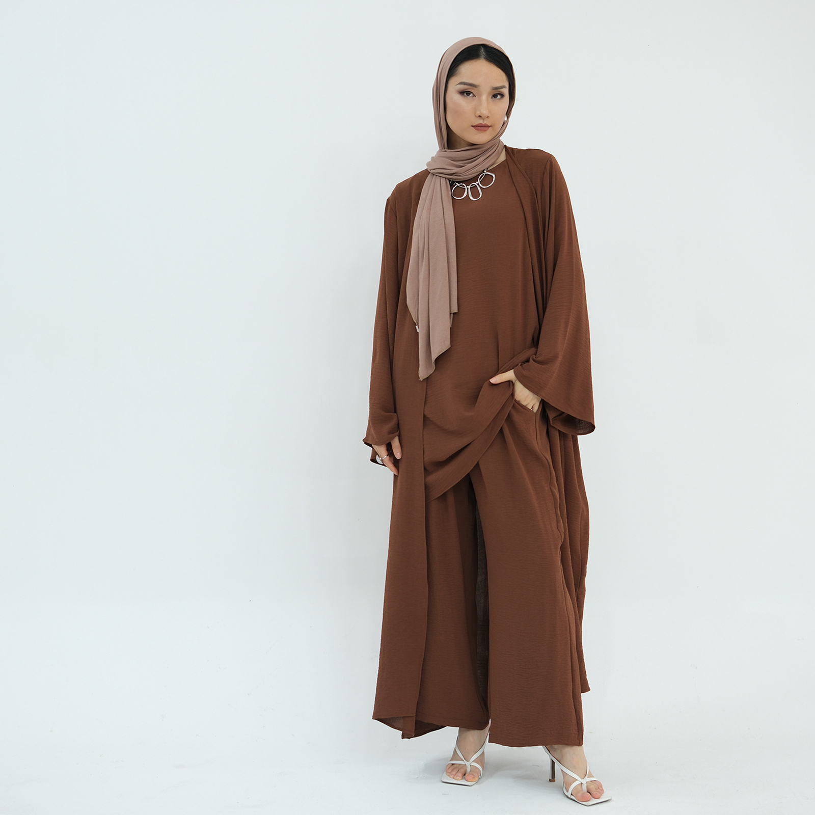 Muslim Women 3pcs Set Open Kimono Vest Pants Kaftan Dress Dubai Abaya Outfits