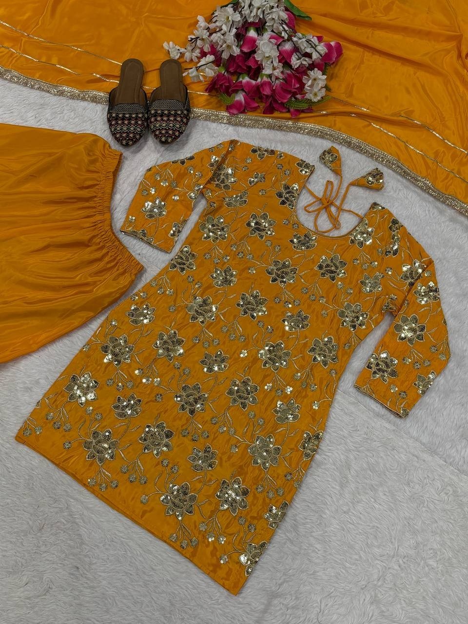Function Wear Heavy Natural Crepe Top Palazzo With Dupatta For Women & Girls