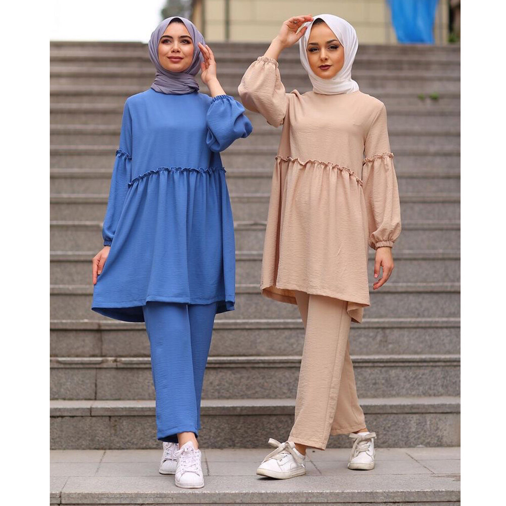 Muslim Blouse Pant Two Piece Set Women Long Sleeve Robe Abaya Islamic Dress Arab