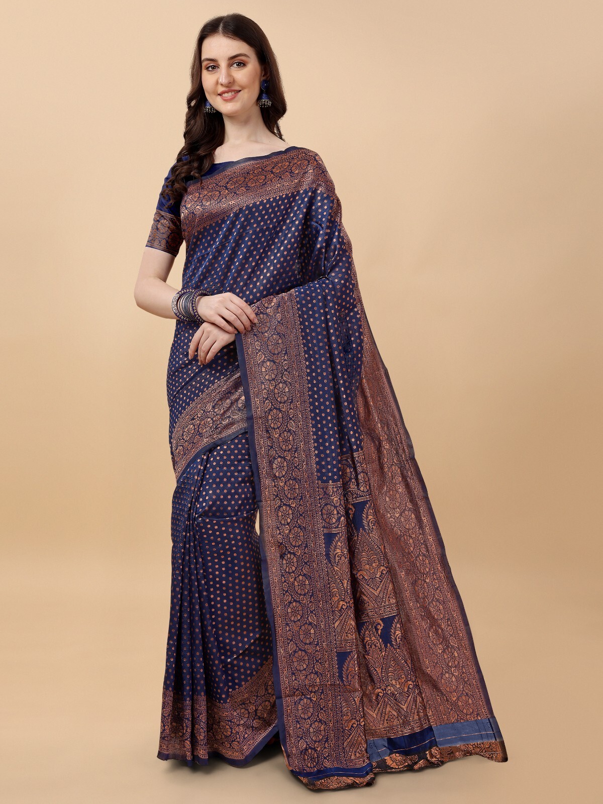 Areca Designer Copper Blue Bindi Silk saree blouses women Saree Cut – 5.5 Meter