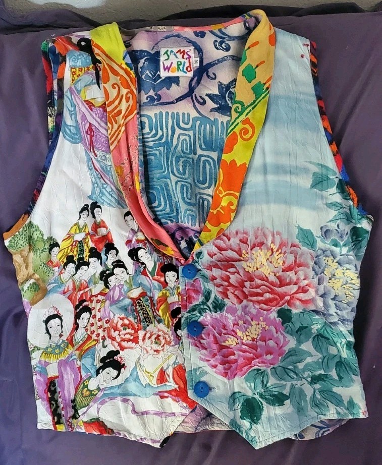 Vintage Jam’s World Size M Patchwork Vest Colorful Asian Inspired Art To Wear