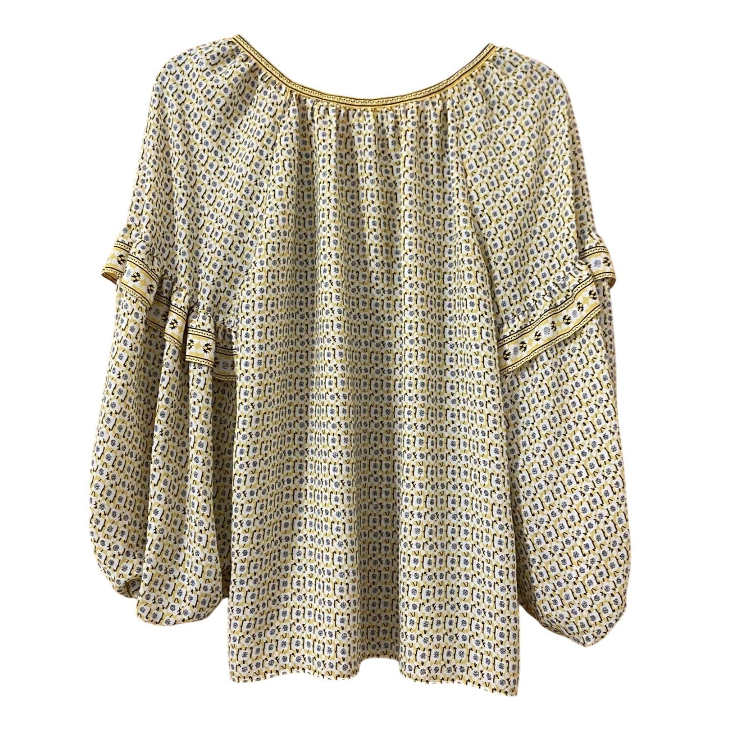 Max Studio Yellow Floral Geometric Balloon Sleeve Ruffle Blouse Womens Medium