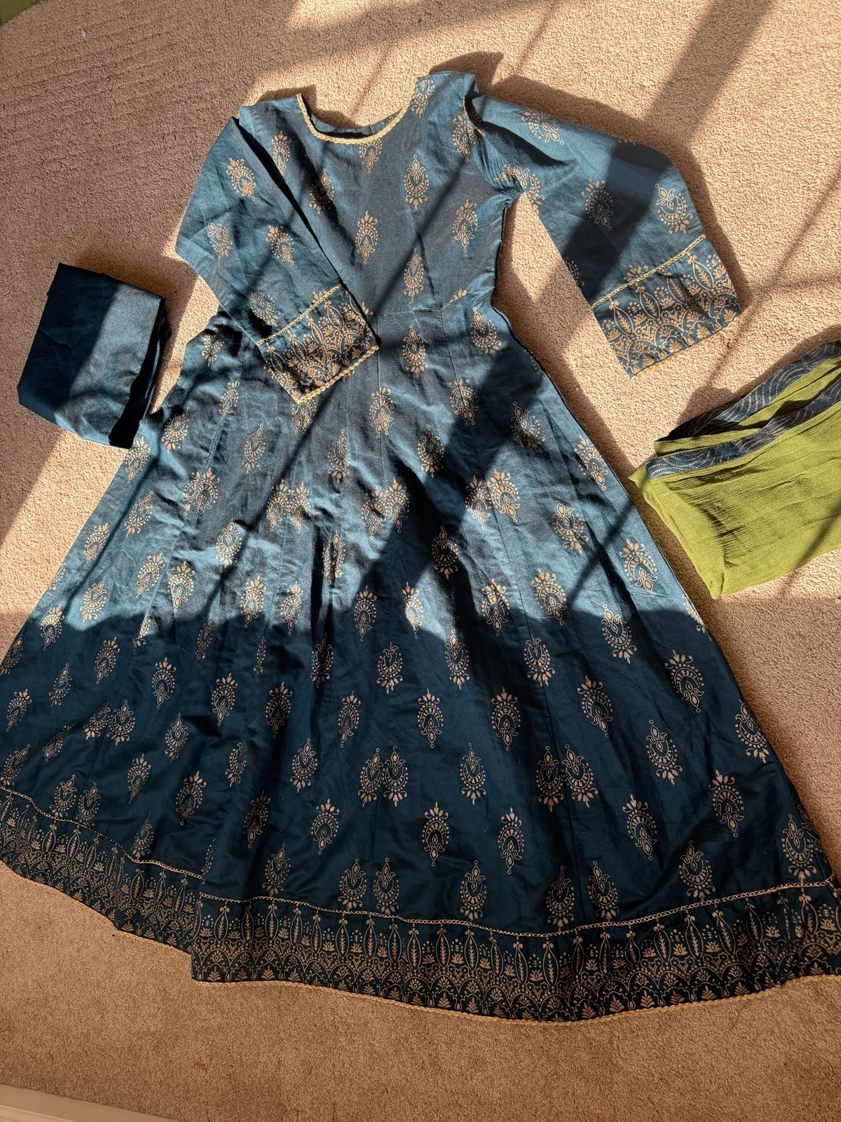 Embroidered Blue Green Gold Silk Blend Salwar Kameez Set for Women