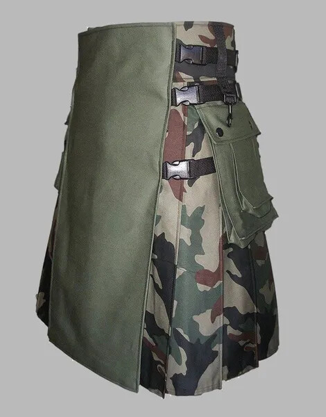 Tailored camouflage and olive green hiking kilt for men