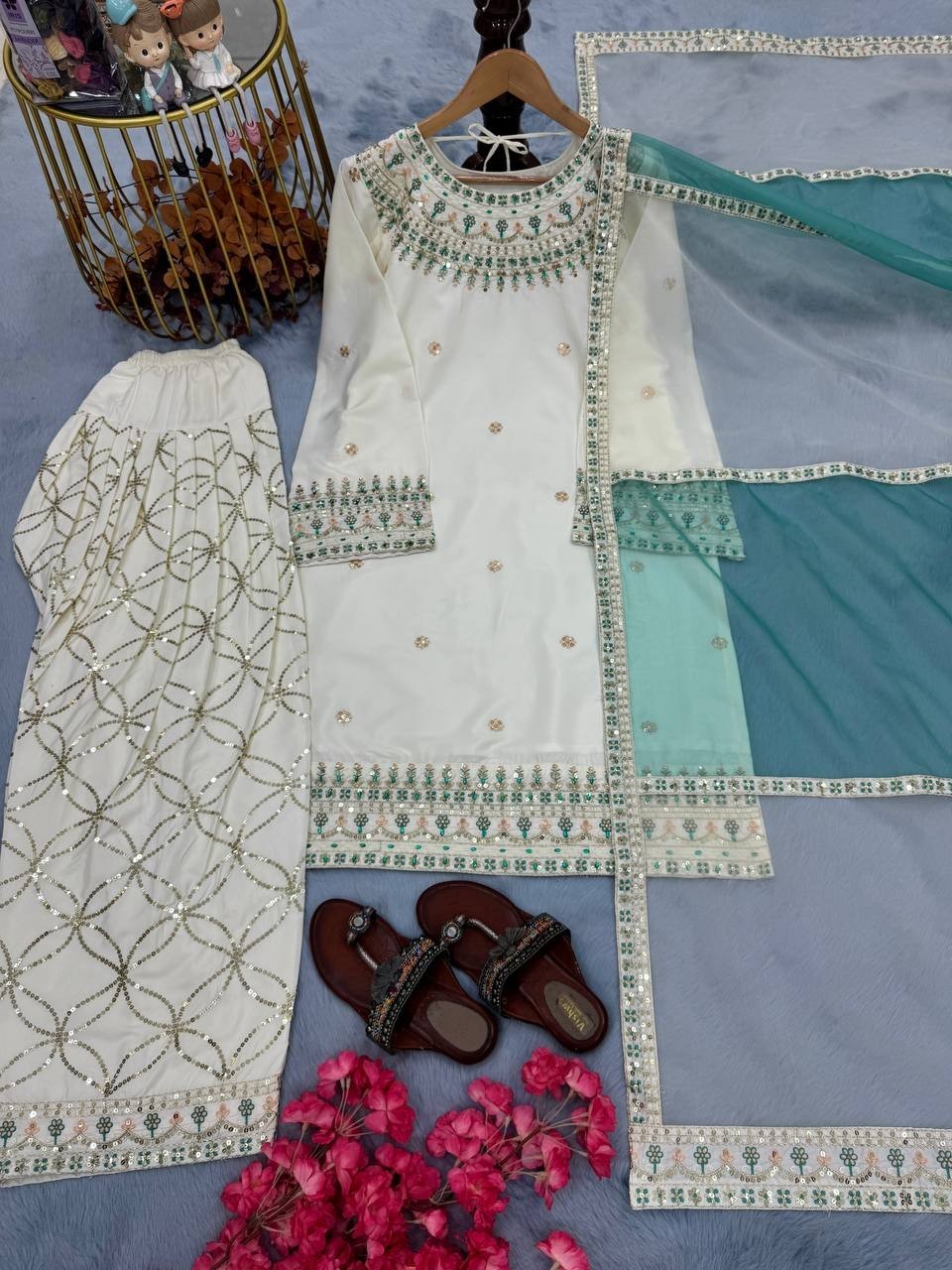 Luxury Natural Crepe Embroidered Top & Farshi Plazzo Set with Organza Dupatta