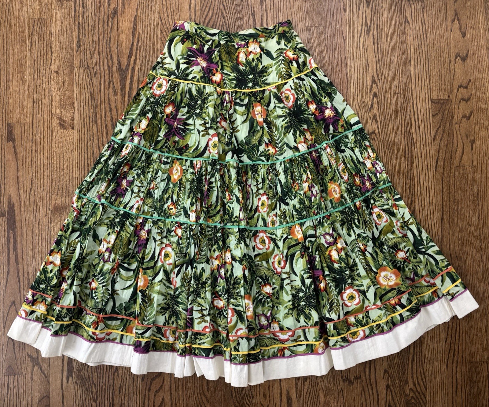 Vintage Green Tropical Floral Tiered Gypsy Lace Trim Festival Skirt Small