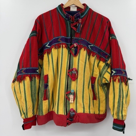 Women’s Chico’s design worry doll Guatemala statement boho hippie jacket