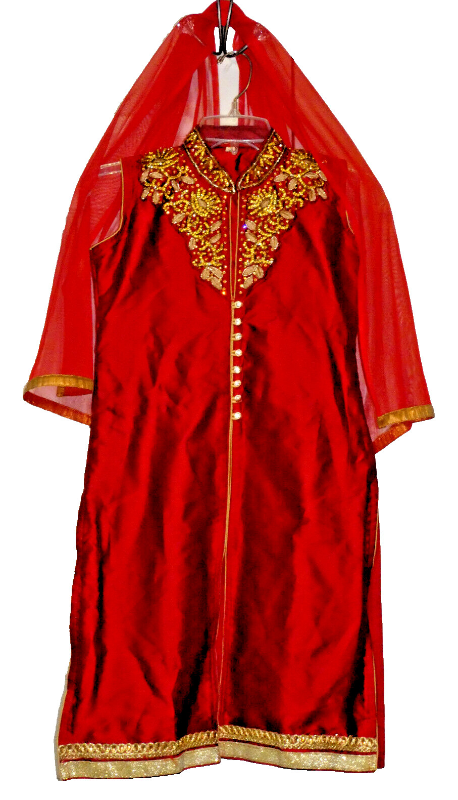 Red Hindi Top + Scarf Women Small India Tunic Rhinestone Gold Embroidery Wedding