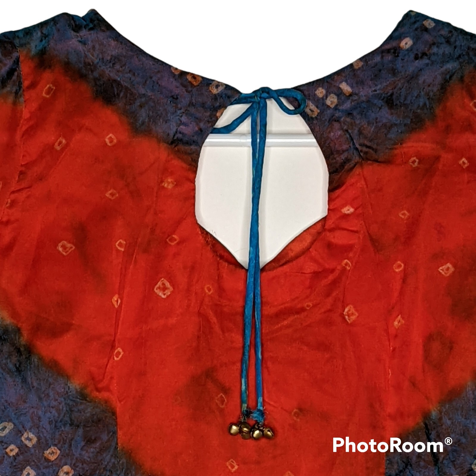 Indian Kurti Tunic Top Dress Women’s Sz 38 Red Blue Short Sleeves Bells Lined
