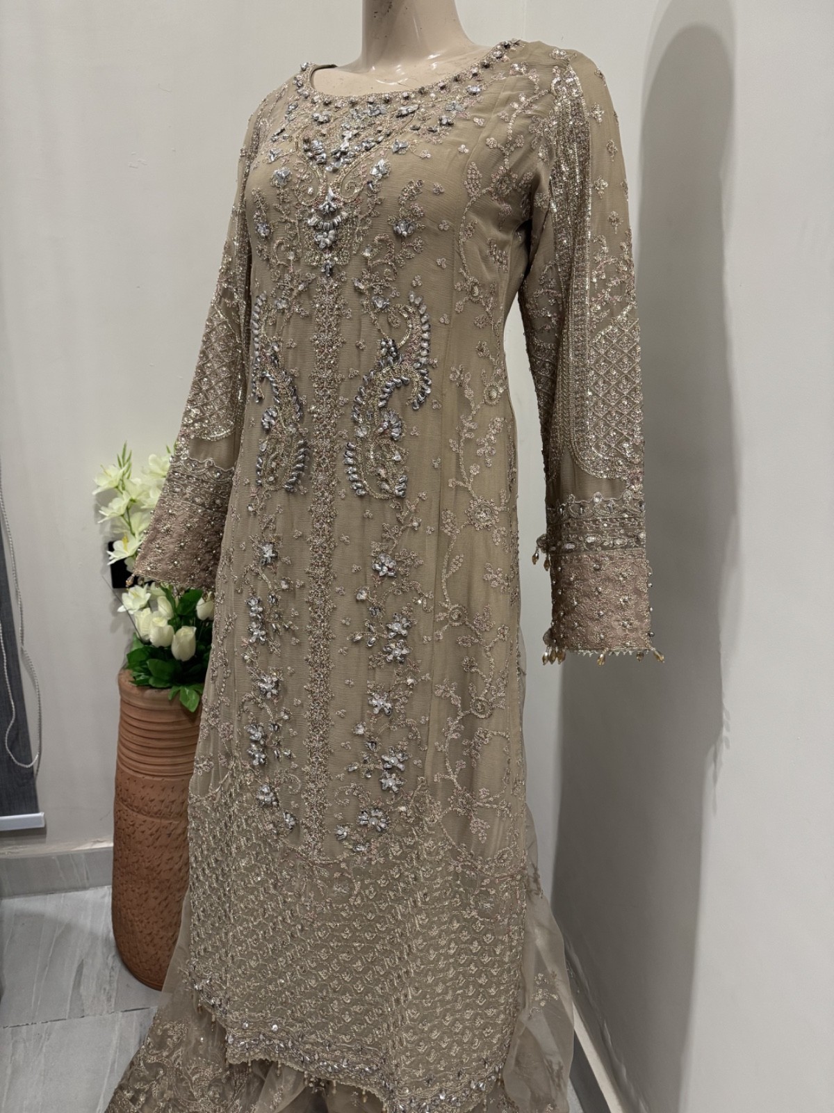 Pakistani Dark Beige Straight Style Embroidered Sequins Chiffon Sharara Dress,L