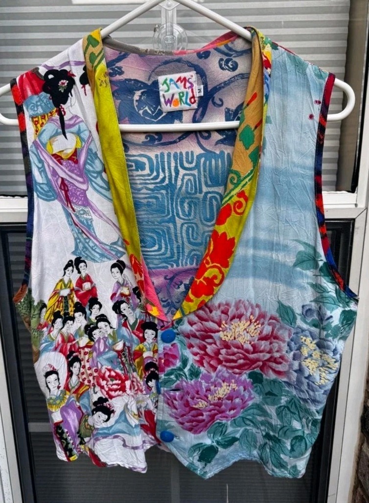 Vintage Jam’s World Size M Patchwork Vest Colorful Asian Inspired Art To Wear