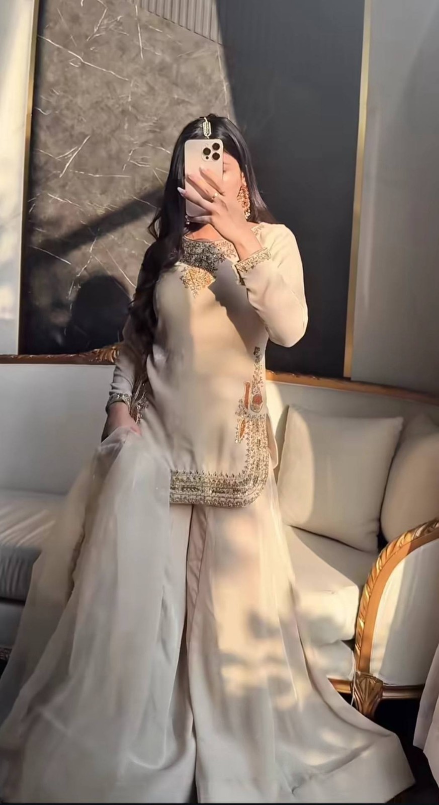 Latest Korean Satin Silk Off White Palazzo Suit With Dupatta For Party Wear